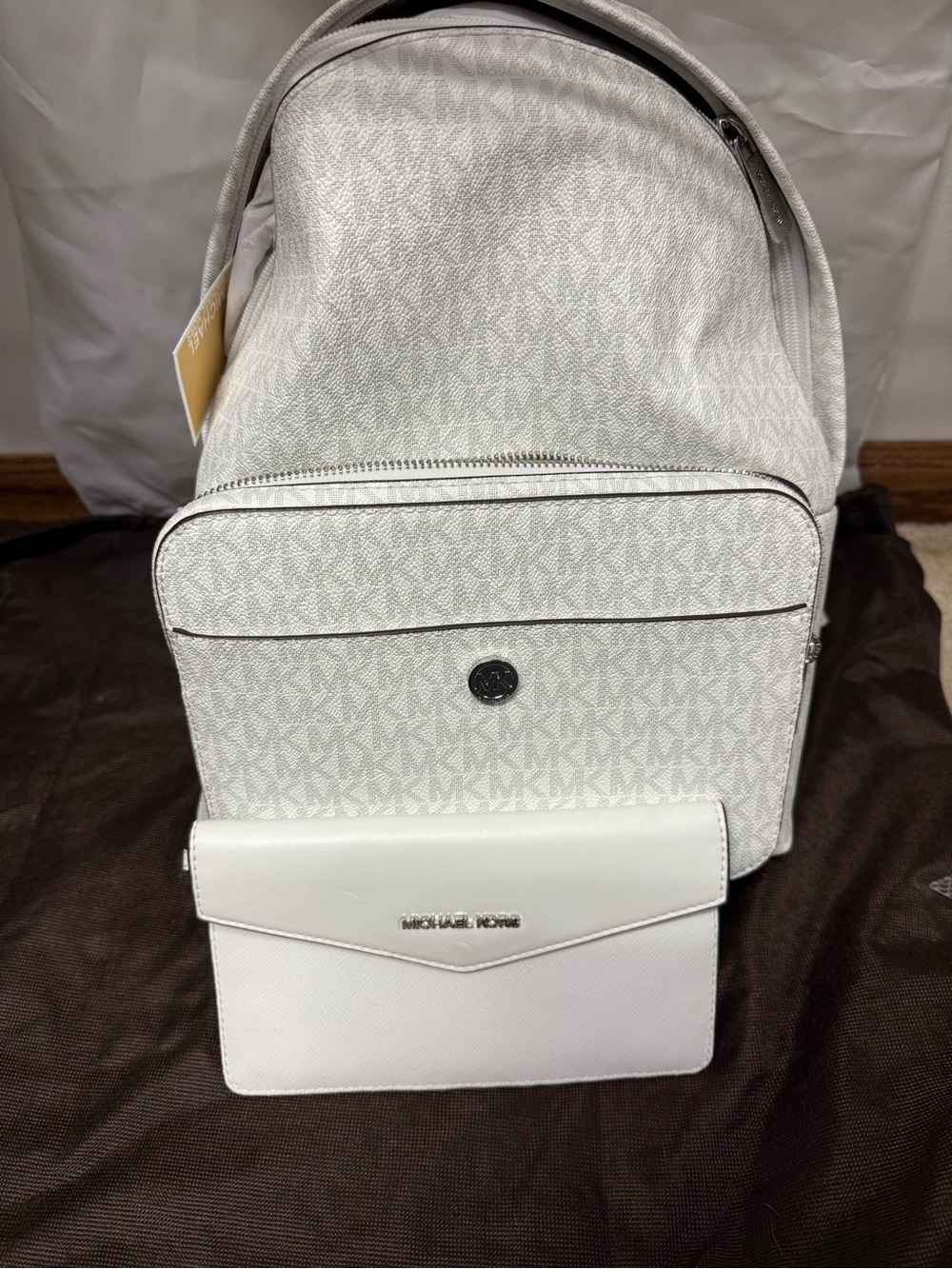 NWT- Michael Kors White Logo-Print Backpack with Matching White Wallet